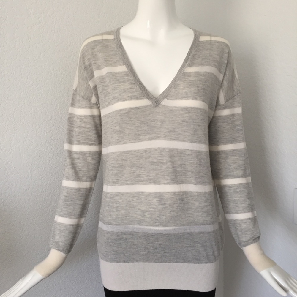 seaton gray white striped v neck cashmere Sweater